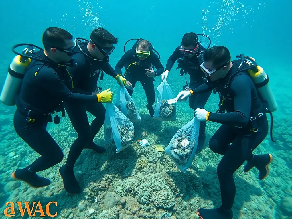 A group of divers participating in an underwater cleanup activity, removing debris from a coral reef. The image should convey a sense of teamwork and environmental responsibility.