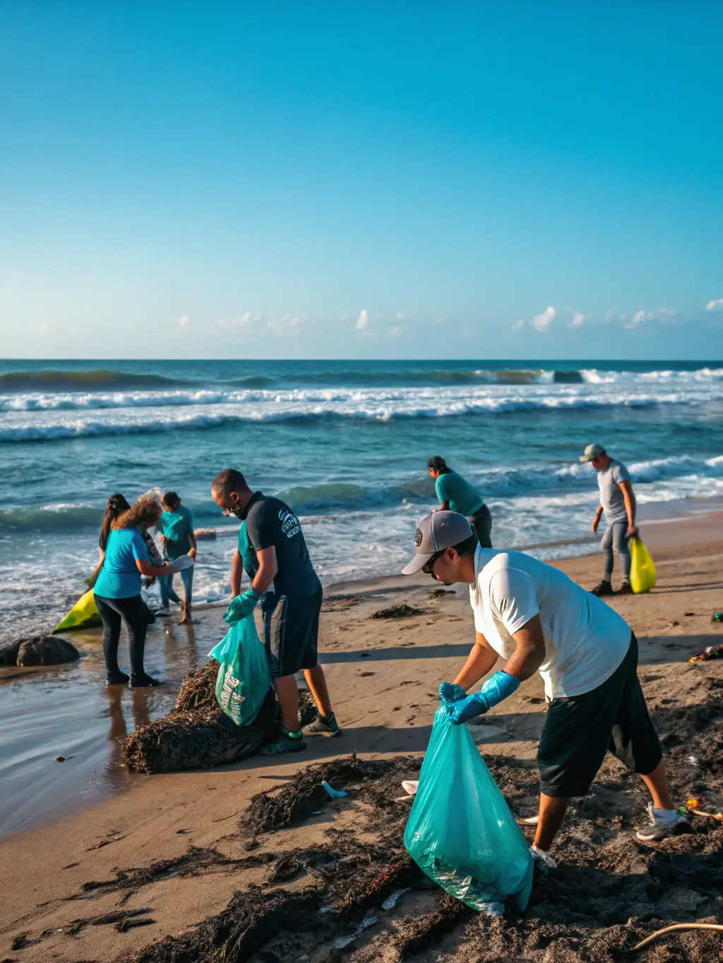A vibrant image of volunteers cleaning up debris from a coastal area, emphasizing the organization's commitment to marine conservation.