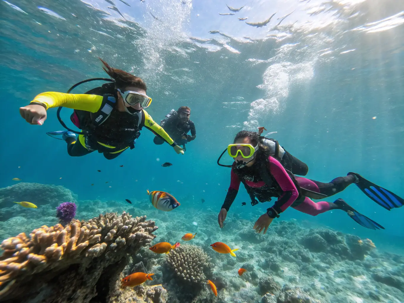 A group of people participating in an underwater photography workshop, capturing the beauty of marine life and learning about visual storytelling.