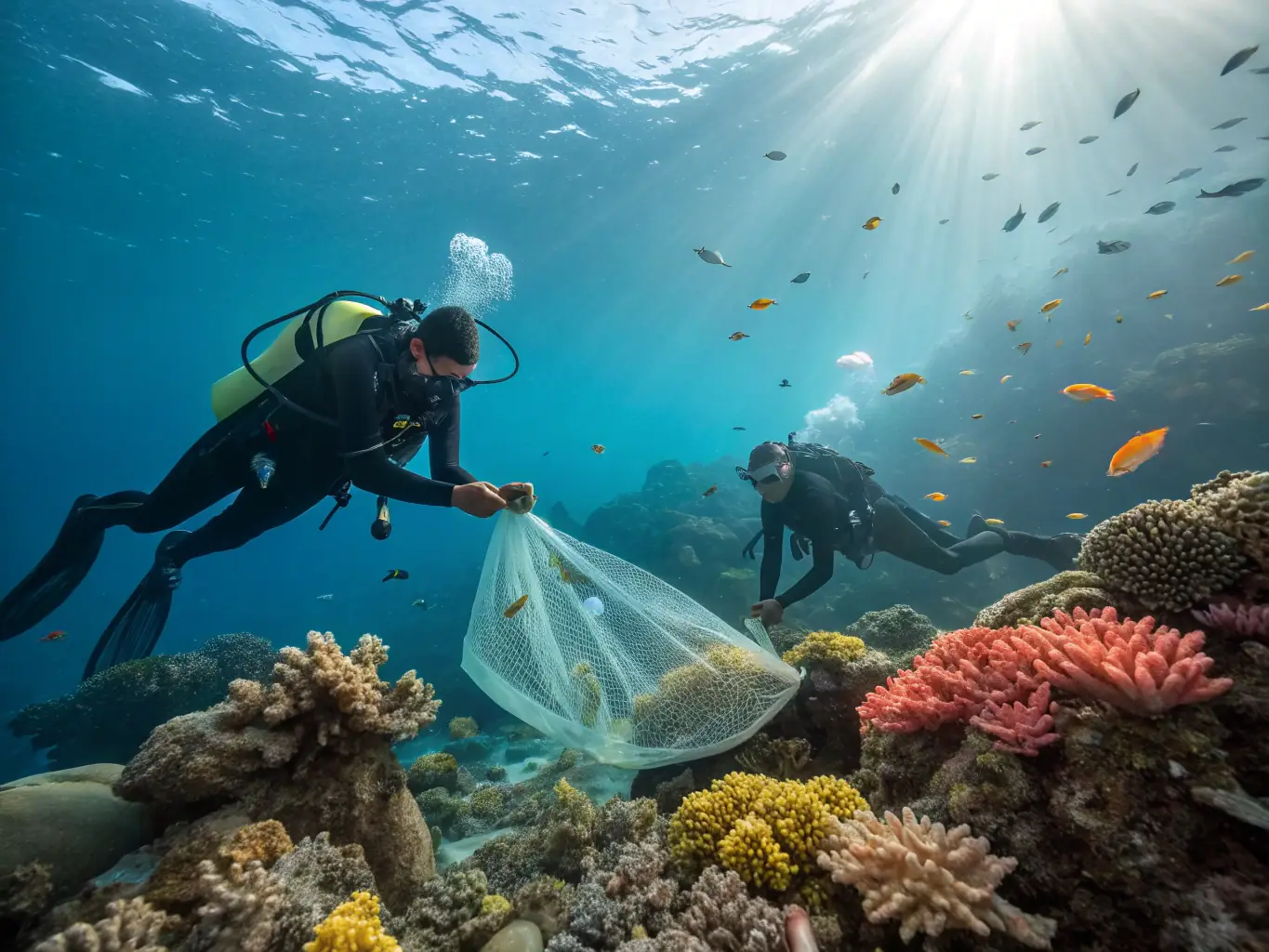 A group of volunteers participating in an underwater cleanup, removing debris and protecting marine habitats.