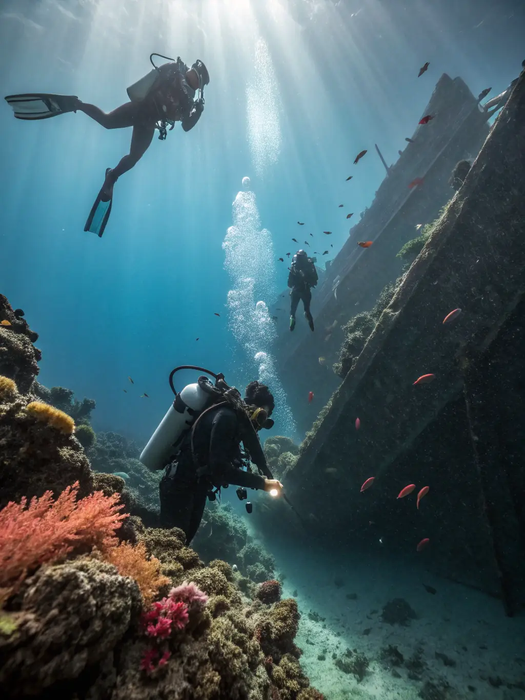 A photo of divers exploring a shipwreck, showcasing the historical and adventurous side of underwater activities.