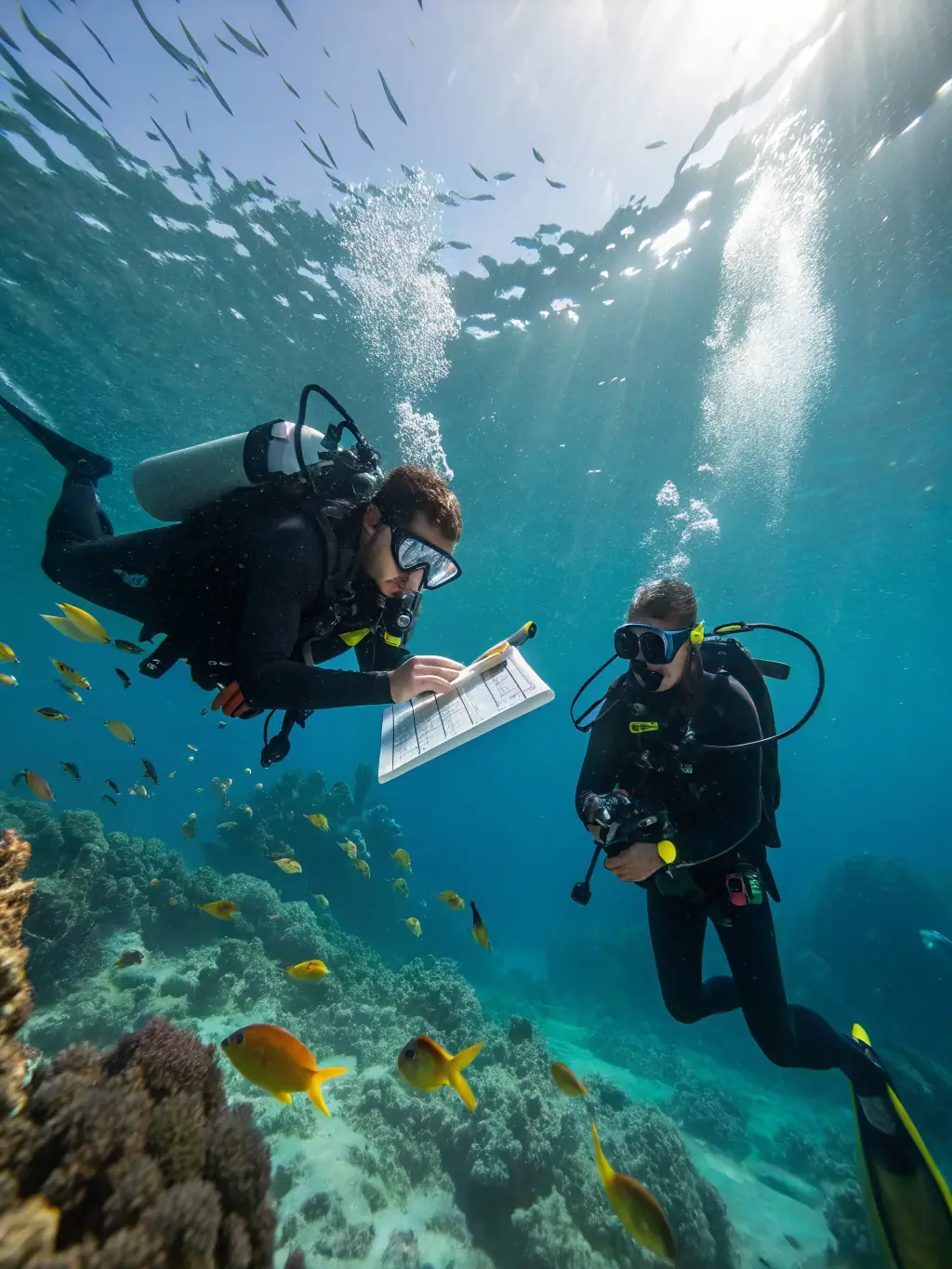 A photo of a group of divers participating in an underwater navigation training session in a clear lake, showcasing the practical skills being taught.
