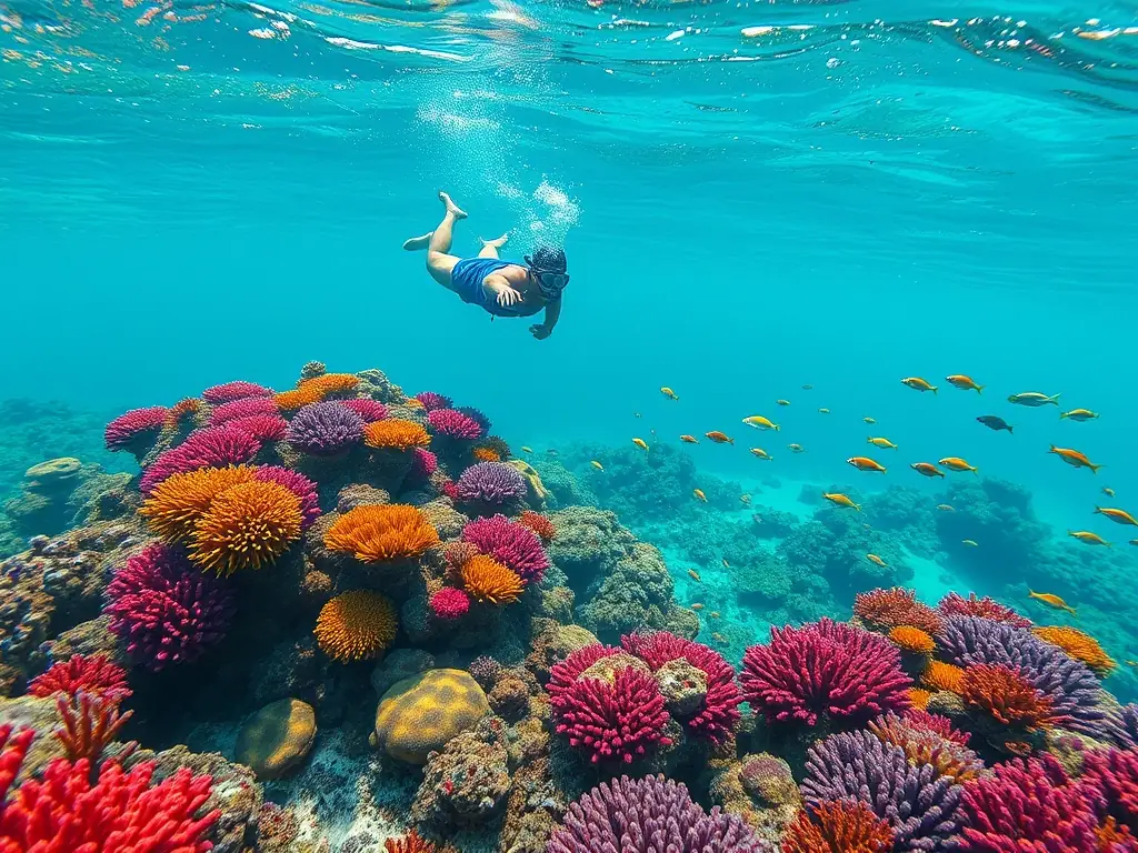A scuba diver carefully examining a coral reef, highlighting the importance of underwater sports in promoting environmental awareness and conservation efforts.