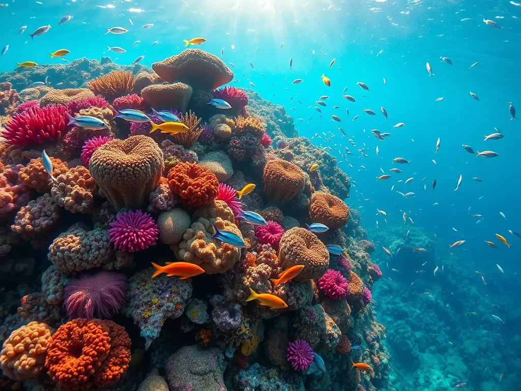 A group of divers exploring a vibrant coral reef, showcasing the beauty and biodiversity of the underwater environment.