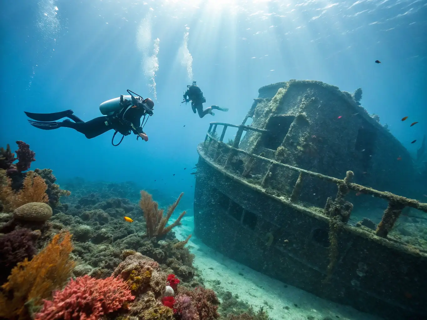 A picture of a group of divers exploring a shipwreck, showcasing the historical and adventurous aspects of underwater exploration.