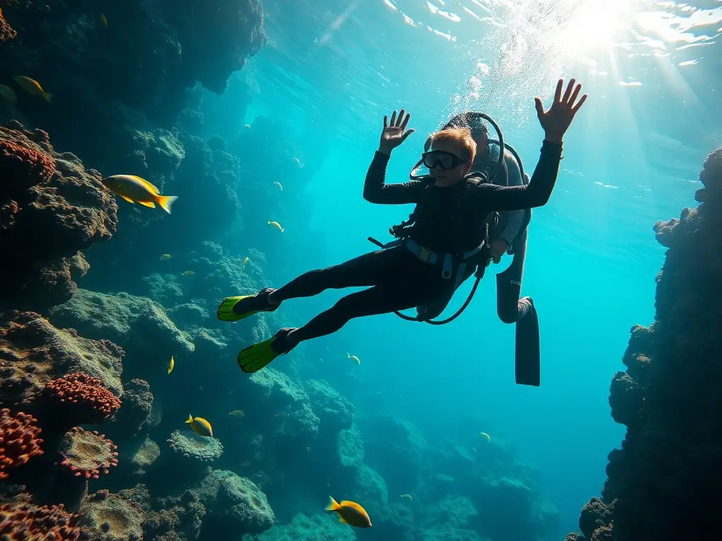 A group of divers practicing underwater skills in a clear, vibrant aquatic environment, showcasing teamwork and safety equipment.