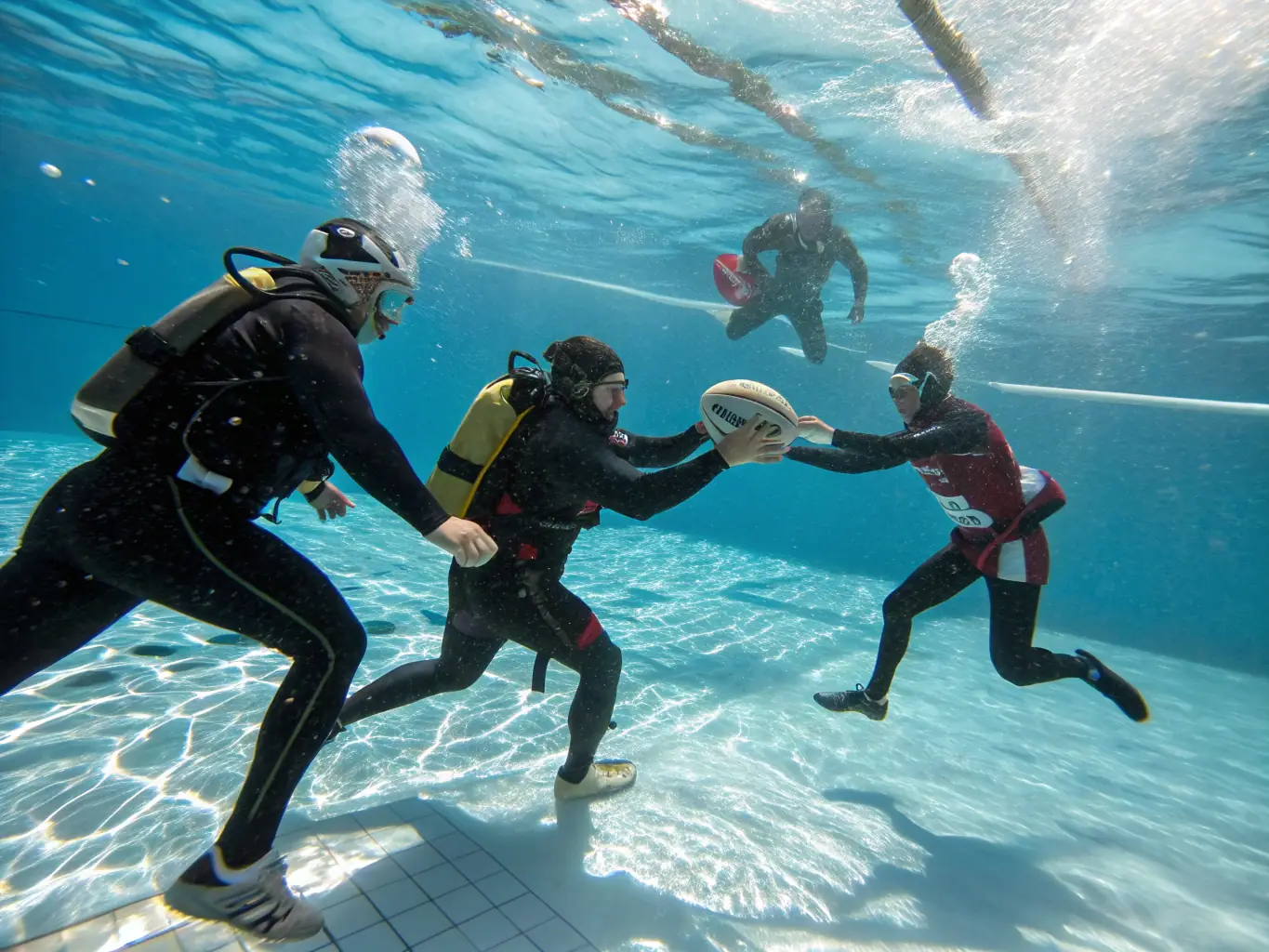 A team of underwater hockey players in action, showcasing the teamwork, skill, and excitement involved in competitive underwater sports.