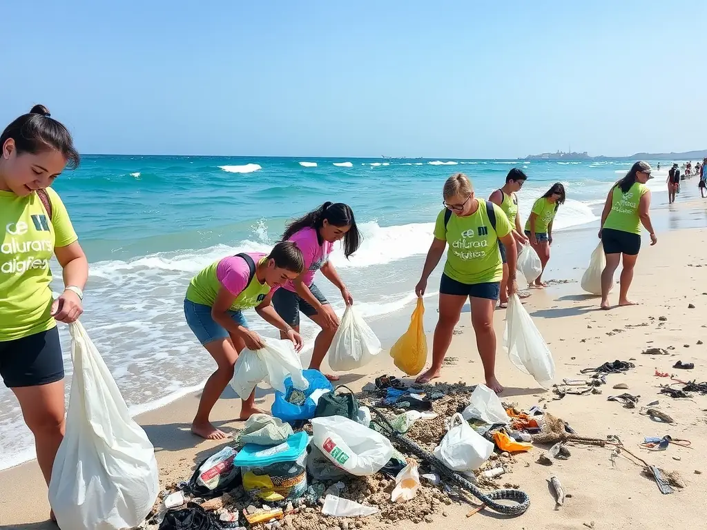 A photograph of volunteers cleaning up debris from a coral reef, emphasizing the importance of environmental conservation and responsible diving practices.