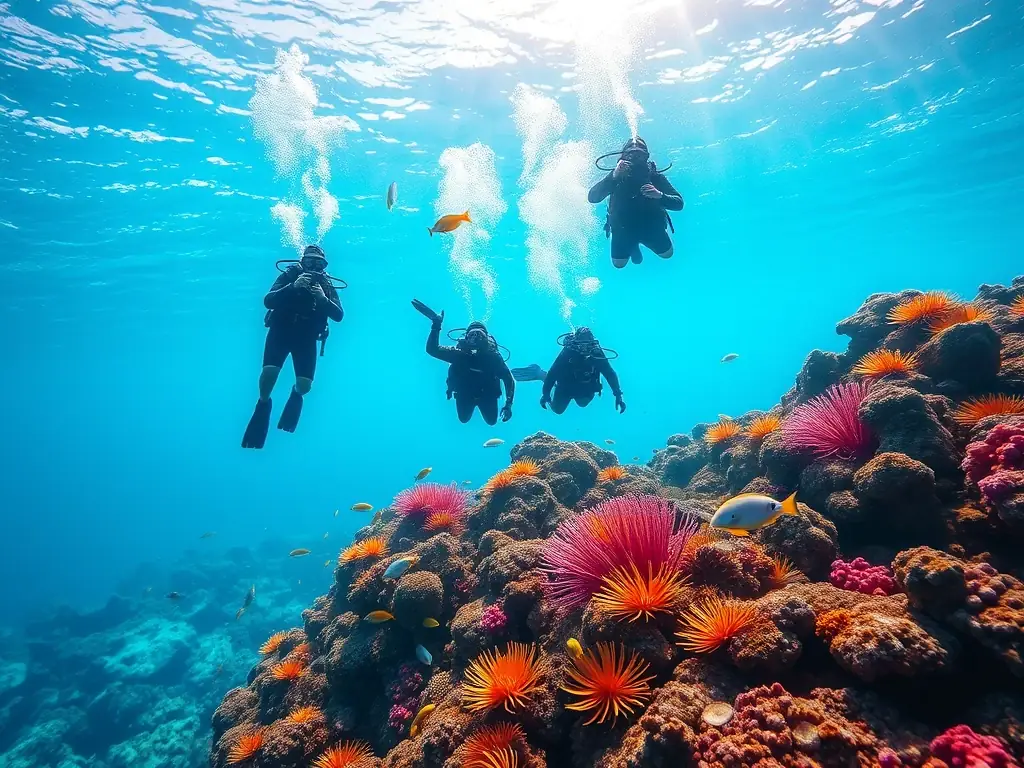 A diverse group of people snorkeling in crystal-clear waters, observing colorful coral reefs and marine life, emphasizing the beauty and accessibility of underwater exploration.